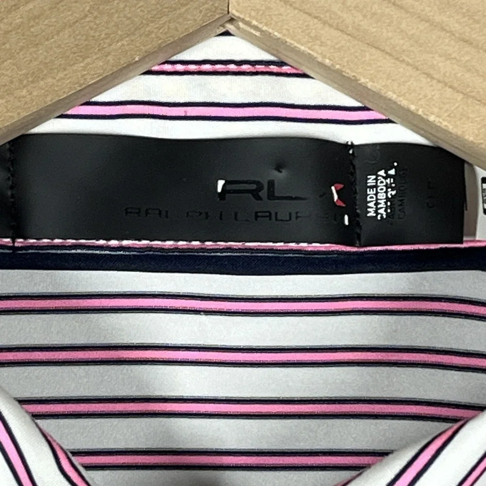 RLX Ralph Lauren Polo Shirt Mens L Pink White Striped Golf‎ Performance Stretch